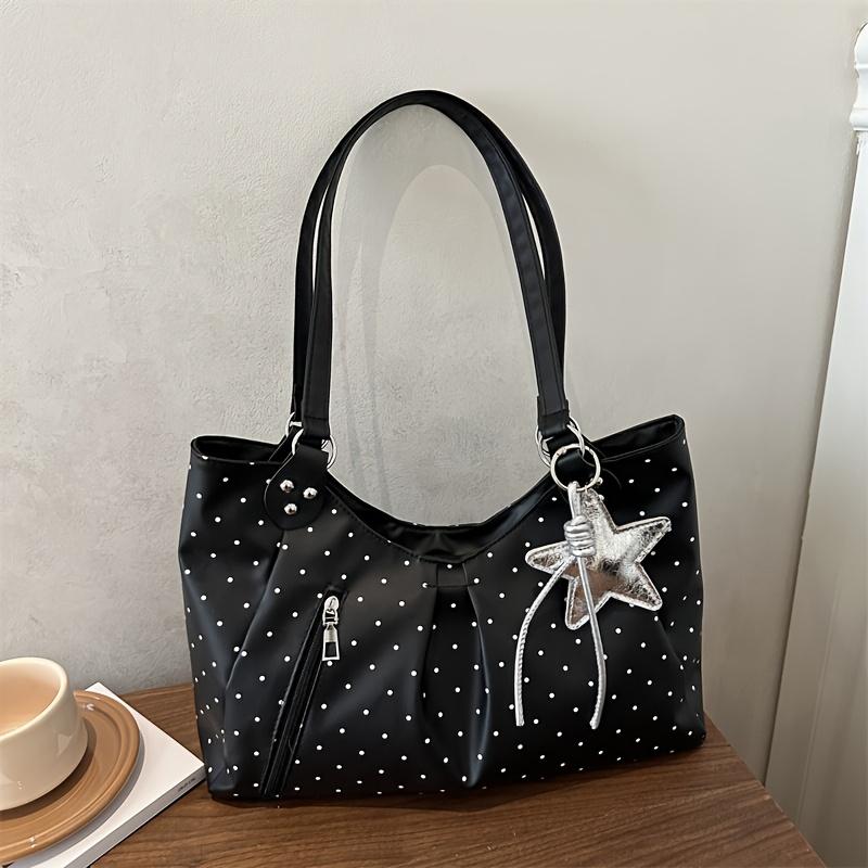 2026 New Korean Style Polka Dot Tote Bag, Silver Star Charm, Large Capacity Commuter Shoulder Bag for Women, Versatile Casual Tote Bag
