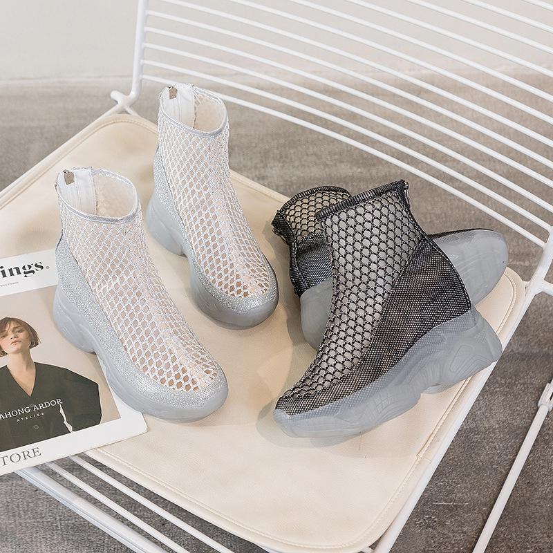 Damskor 2025 Sommar Andningsbara Nätgömda Klackstövlar med Tjock Gelésula