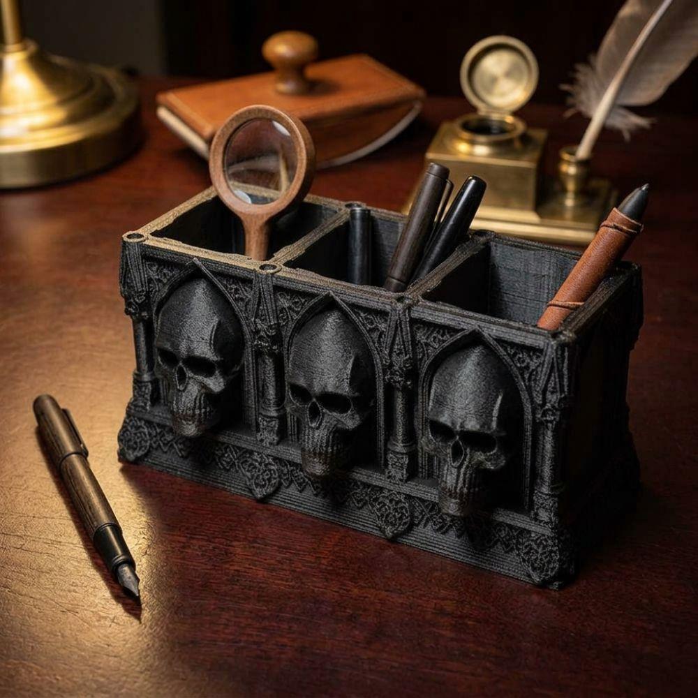 3-Slot Skull Makeup Brush Box Spooky Small Skull Storage Rack Indoor Desktop