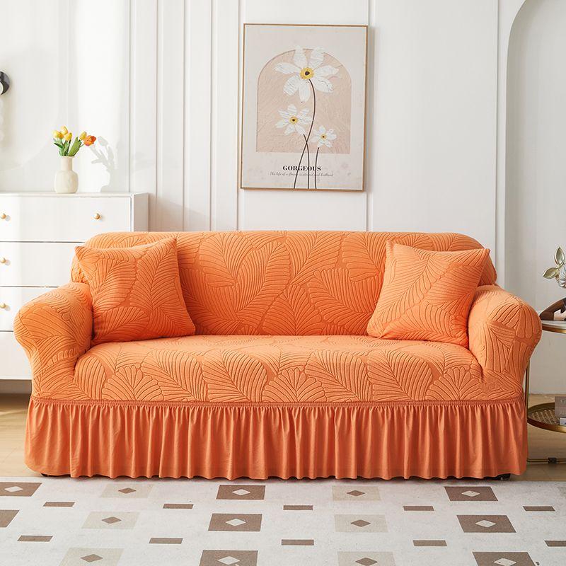 Elegant White Jacquard Sofa Cover with Ruffled Skirt Couch Protector for All Seasons, Modern Leaf Pattern Design, Elastic Fit for Living Room, Bedroom