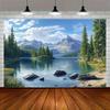 One Item, 2D Flat Background, Showcasing Natural Scenery, Featuring Mountains, Pine Trees and Lakes, Landscape Wall Decoration