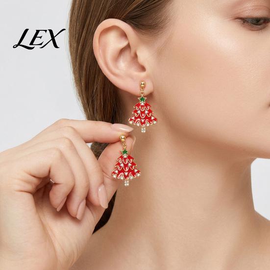 Winter Holiday Gift for Women 1 Pair Christmas Earrings Women, Xmas Tree Dangle Festive Red Green Stud Earrings, Sparkling Rhinestone Festival