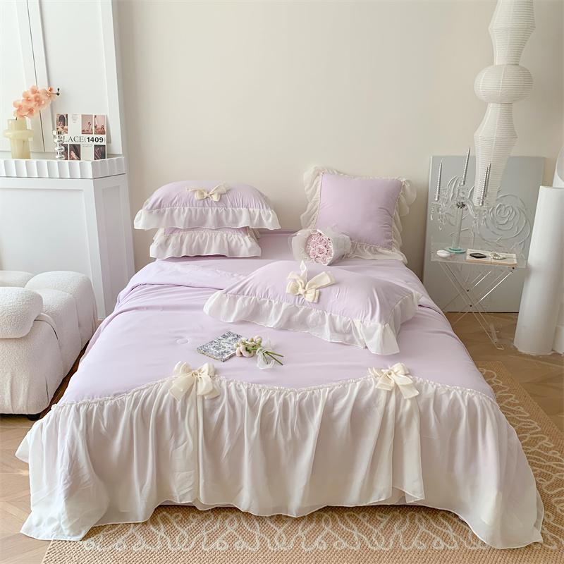 

Летний комплект одеял принцессы во французском стиле 2024 года, новый летний комплект из четырех предметов с бантом в виде милого сердечка, мягкое прохладное одеяло, одеяло с кондиционером Quilt Four Piece Set фиолетовый