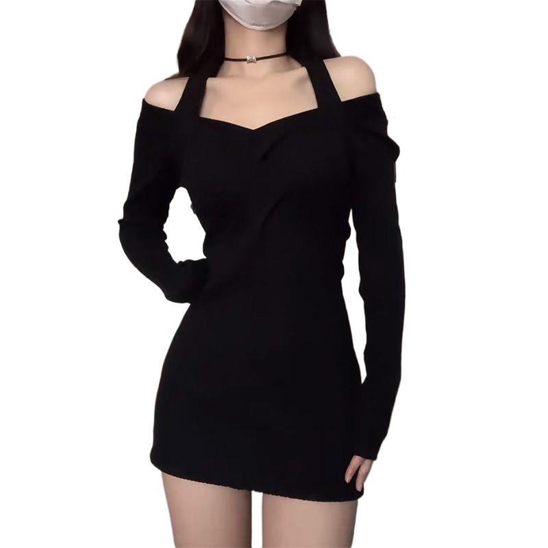 Damen Schwarzes One-Shoulder Neckholder Langarmkleid - Schlankmachendes Hüftbetontes Design für Sommer 2025