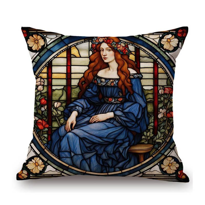 Renaissance Pre-Raphaelitism William Morris Round Stained Glass Window Elegant Lady Girl Decoration Pillow Case Cushion Cover