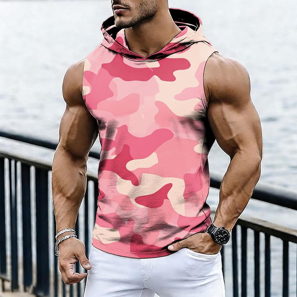 Men's Casual Fashion Printed Sleeveless Hooded Tops | Lightweight Summer Hooded Tank Tops