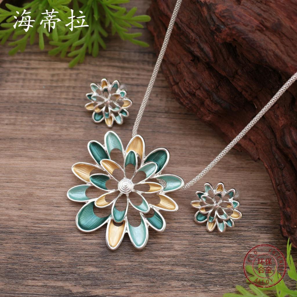 New Enamel Color Hollow Sunflower Stud Earrings Long Pendant Set, Women's High-end Flower Long Necklace