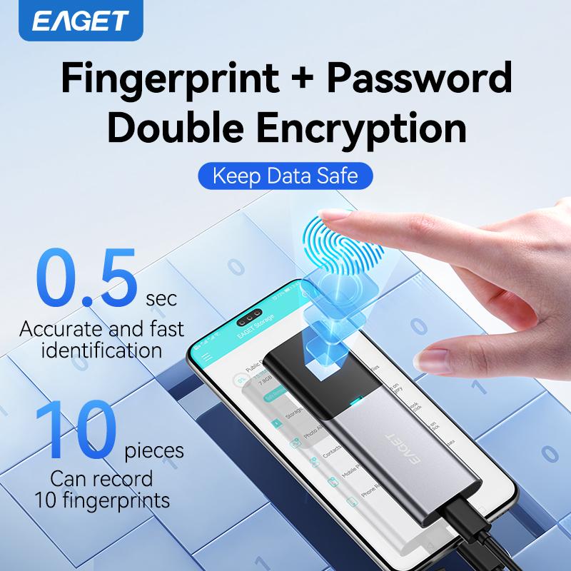EAGET Fingerprint encryption External SSD 540MB/s Portable SSD External Solid State Drive USB 3.2 Gen2 Type-C SSD Compatible for PC, Laptops