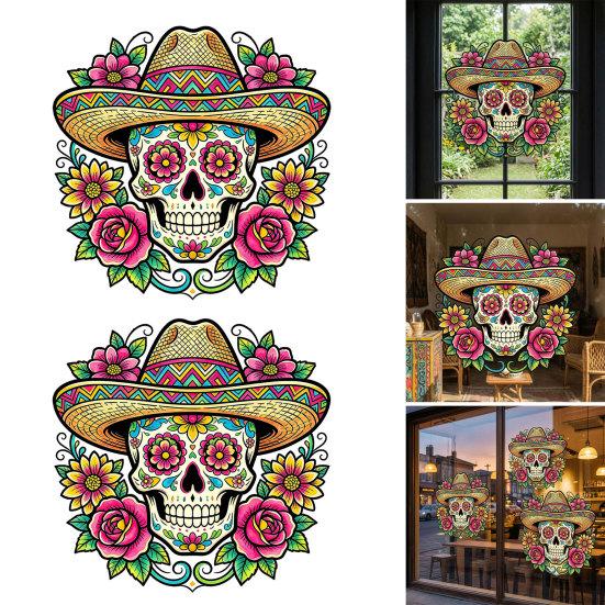 Dia De Los Muertos Window Clings Flower Skull Wall Sticker, Day of The Dead Decorative Mexican Style Festival Ornaments Decals, Waterproof PVC