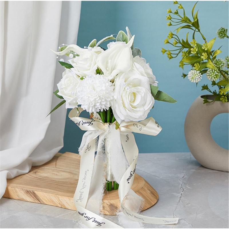Elegant Flower Bouquet Faux Silky Flowers Stylish White Realistic Rose and Calla Flower Bouquet Set for Event