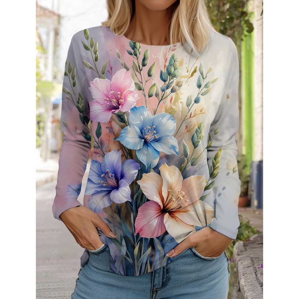 Women's 3D printed floral T-shirt with fashionable long sleeves