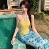 Yellow Jacquard Bandeau Vest & Floral Midi Skirt Two-Piece Summer Set