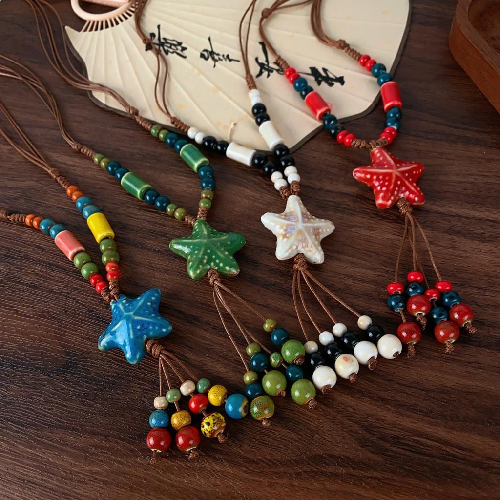 New Chinese Color Ceramic Beaded Star Necklace Female Bohemian Retro Ethnic Style Long Sweater Chain Accessories