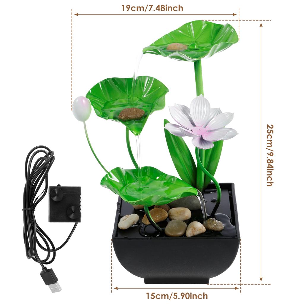 Water Lily Tabletop Fountain With Natural Stone USB Charging Desk Fountain With Built In Pump 3 Tiers Green Leaf Waterfall