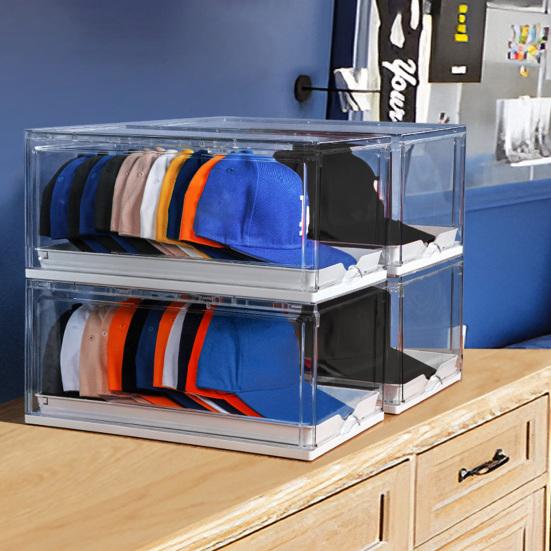 Cap Box Organizer Transparent Design Hat Holder with Sliding Tray Stackable Storage Case with Magnetic Door