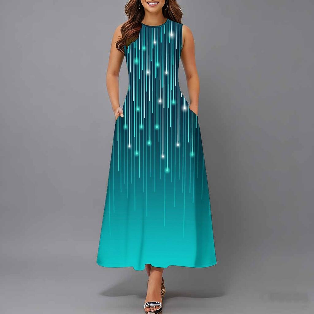 Ladies Oversized Sleeveless Round Neck Dress Vivid Cluster Floral Printed Loose Midi Dress