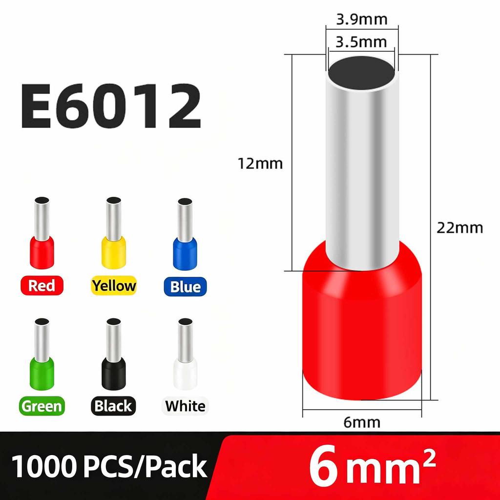 1000PCS Electrical Wire Ferrules Tubular Crimp Cable Terminals Connectors E0508 E1008 E1508 E2508 E4009 E6012 Sleeve Ferrules