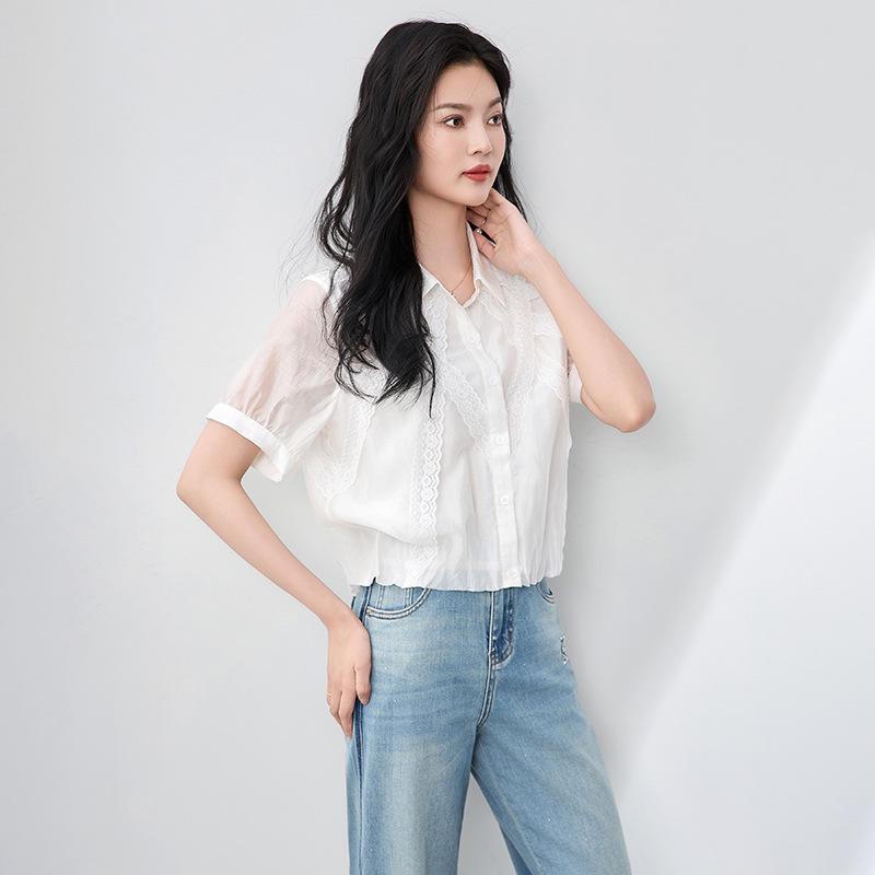 Elegant French Fine Spun Lace Puff Sleeve Cotton Blouse - Women's Summer Top