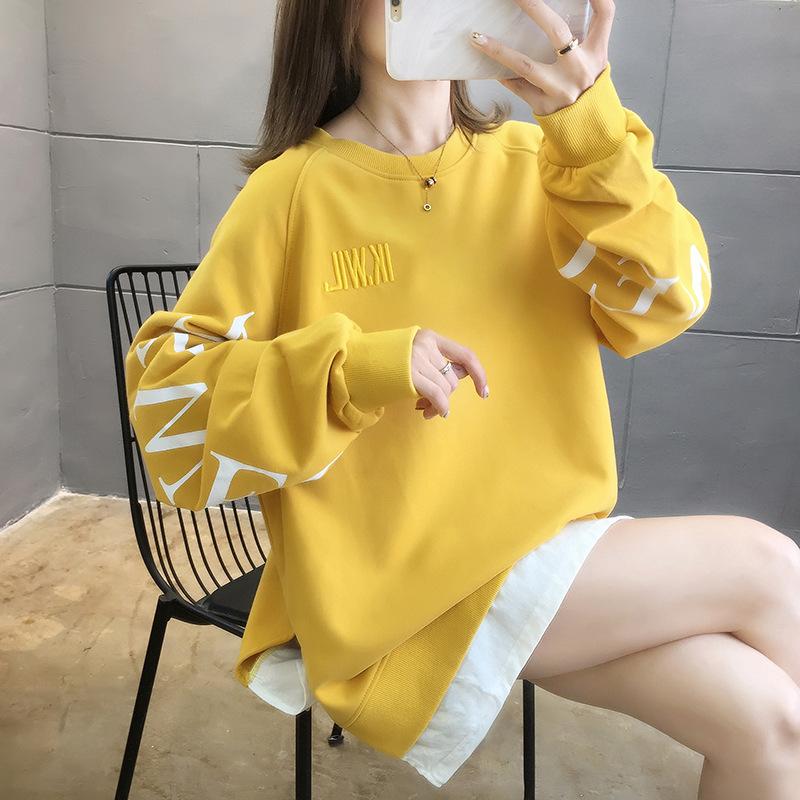 Long Sleeve Women's T-shirts Clothes Tops Fake Two Autumn Midi Fashion Korean Aesthetic Graphic Loose Casual Hoodie Pulovers