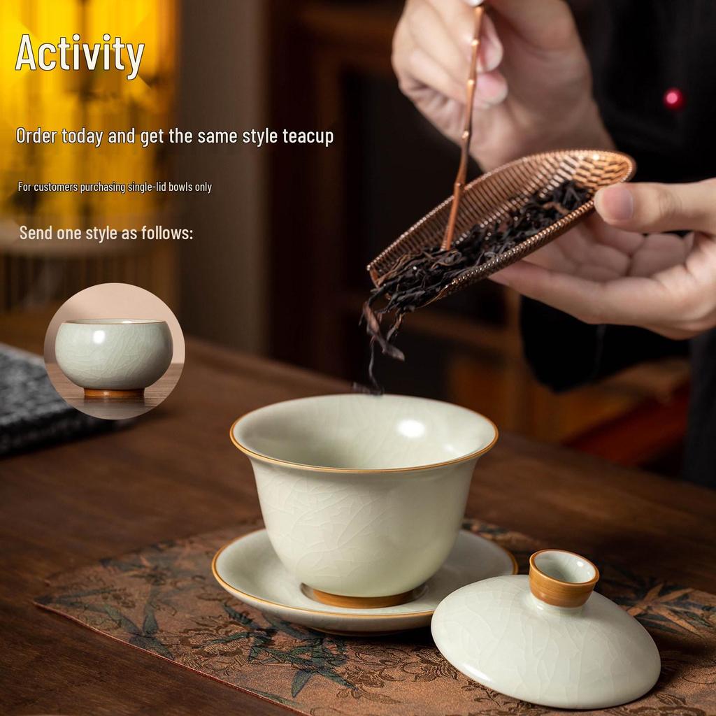 High-End Large Ru Kiln Ceramic Gongfu Tea Set: Three-Piece Lid, Bowl, and Cup.