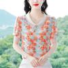 Trendy Floral Chiffon Shirt Summer Loose Fit Short Sleeve Blouse with Doll Collar for Women