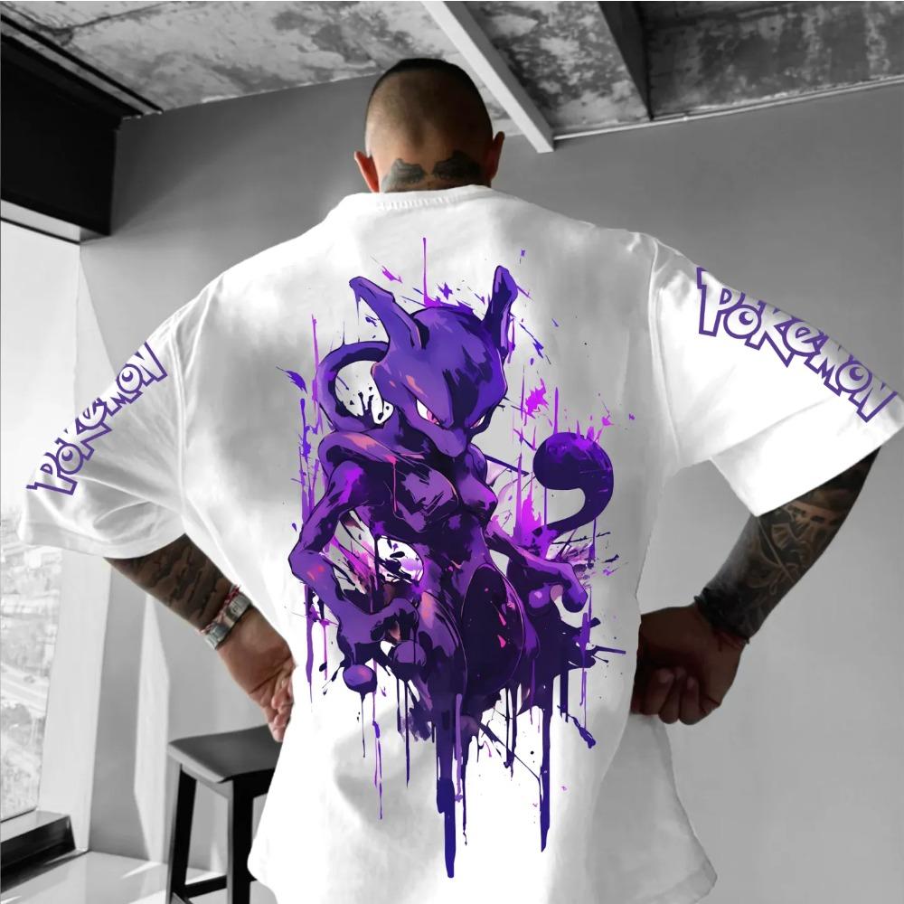 Mewtwo Doppelseitig Bedrucktes T-Shirt Kurzärmelig für Damen und Herren Sommer Neu Harajuku Locker Lässig Oberteil