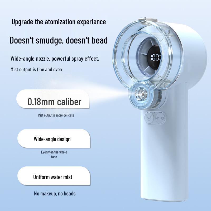 Rechargeable Handheld Mini Fan with Long Battery Life, Quiet Cooling, Powerful Turbine, Portable Design, and Spray Humidifier Feature