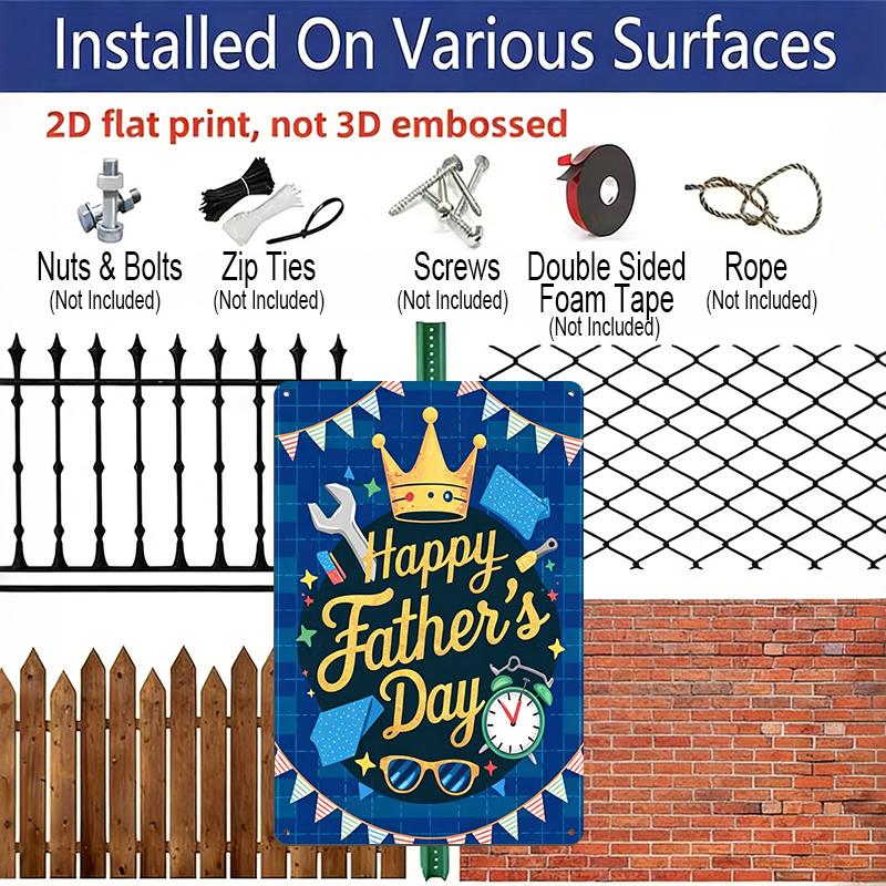 2D Flat, 1pc Festive Blue Plaid Father's Day Metal Wall Art Sign "Happy Father's Day" - 8*12 Inch Aluminium Rustic Home Decor, Crown & Tools Party
