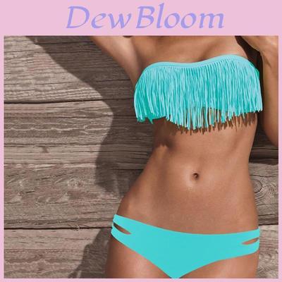 Üstün Kalite Yazlık Seksi Yırtmaçlı Düz Renk Püsküllü Bikini Arkası Açık Plaj Kıyafeti Retro Set Nihai Stil İçin