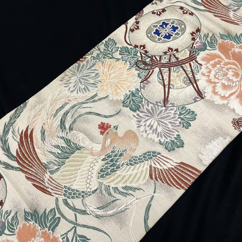 Used 606an103Antique round obi pull-out obi phoenix drum peony chrysanthemum fukuro obi Taisho Roman retro modernGood condition