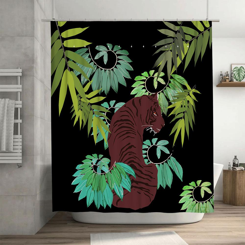 Modern Bathroom Decor Shower Curtain with Jungle Tiger Print Green Leaves Pattern for Home Decoration In Bathrooms
