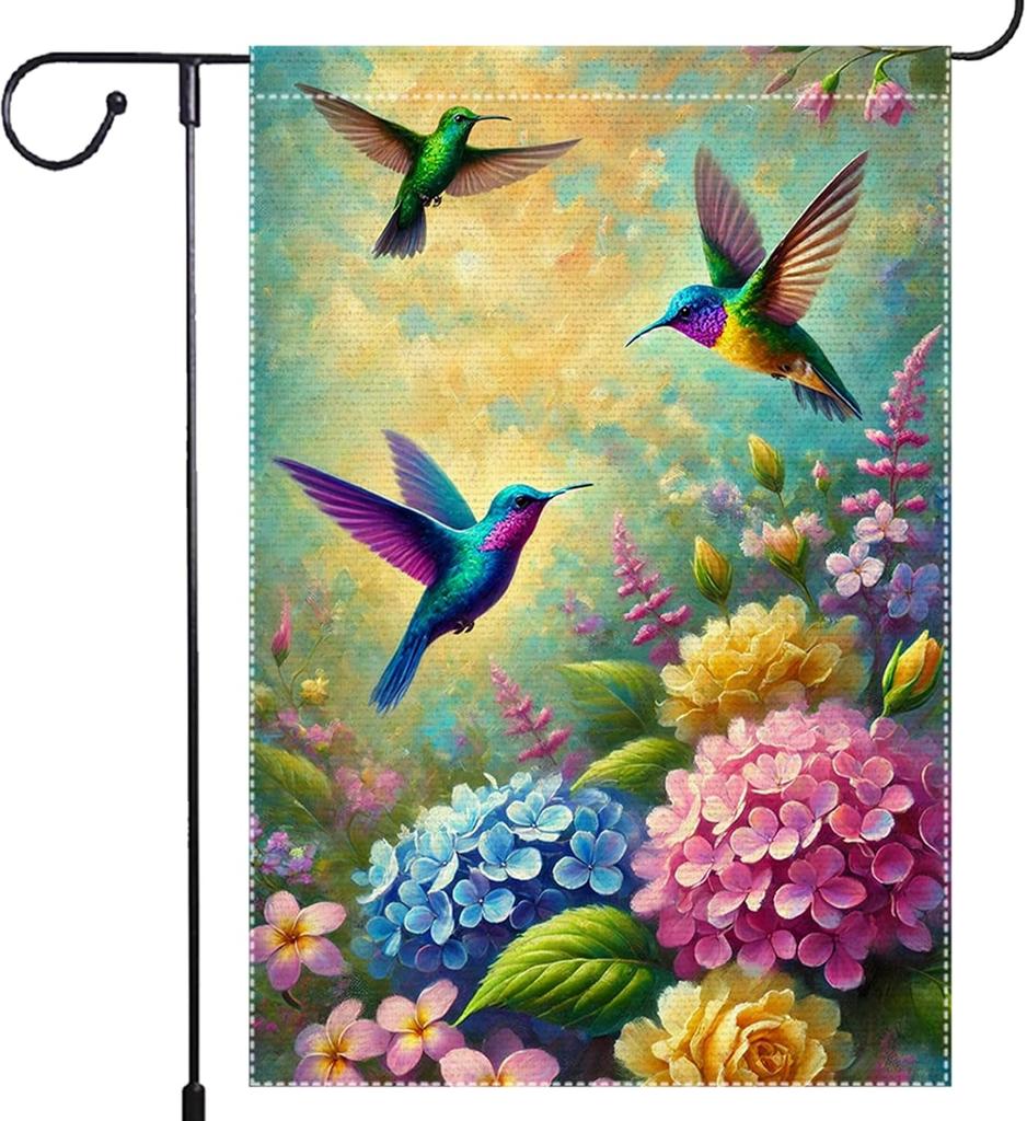 Hello Spring Hummingbird Garden Ag 12x18 Inch Vertical Burlap Small Double Sided Yard Outdoor Lawn Painting Ags Decorati EEZ