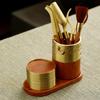 Copper Ebony Wood Tea Ceremony Set 6 Tools Teacup Mat Caddy Tongs Brush Holder Gongfu