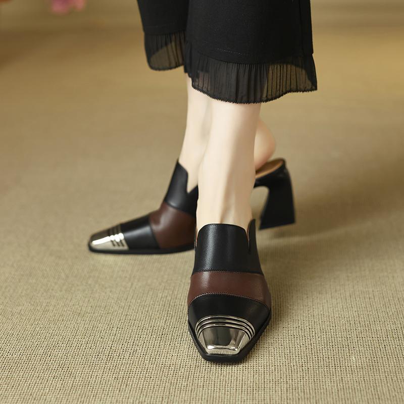 Fashion 2025 New Ladies Genuine Leather Metal Head Mules Fashion Med Chunky Heels Summer Wedges Slippers Women Casual Office Shoes Woman
