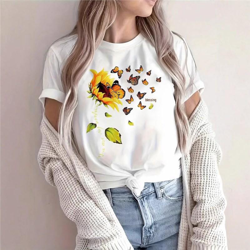

Elegant Floral Butterfly Sunflower Print Crew Neck Short Sleeve T-Shirt 2X Large