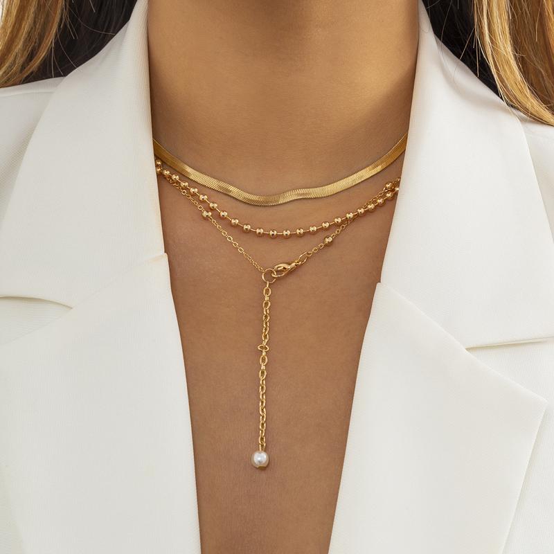 Vintage Gold Color Beads Long Tassel Pendant Necklace for Women Creative Imitation Pearl Double-Layer Clavicle Chain Zircon