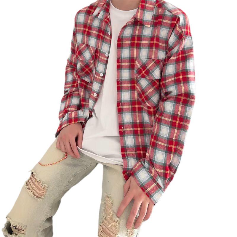 Men's 2023 Spring/Summer Red Plaid Loose-Fit Shirt by American Trendy Brand