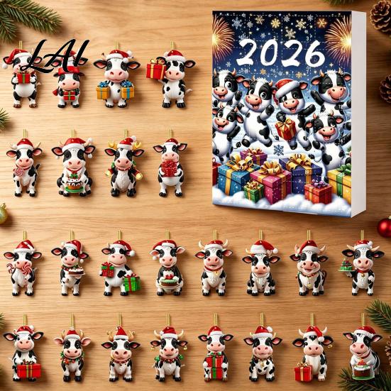 Creative Holiday Gift for Cow Lovers Christmas Ornament Advent Calendar 2026 24 Days 2D Acrylic Hanging Pendant Durable Decor Countdown Calendar Pcs