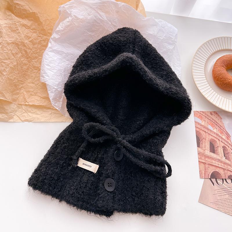 

Шапка-балаклава из шерсти, однотонная, универсальная, корейская, с завязками на пуговицы, зимняя, теплая и защитная, с ушками