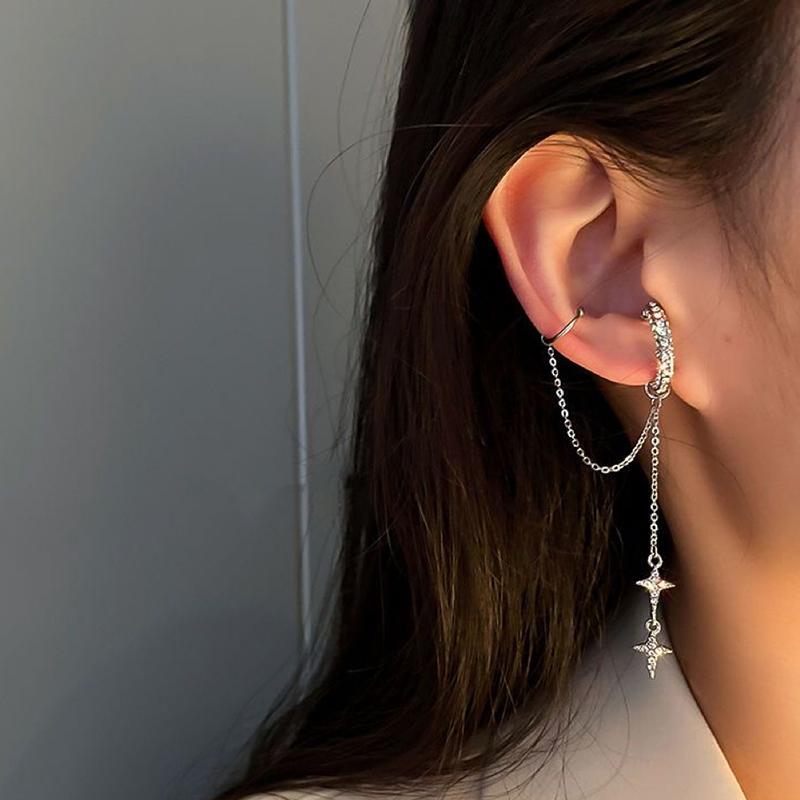 Classic Zircon Tassel Ear Bone Clip Sparkling C-Shaped Non Perforated Rhinestone Fashionable Design Earrings Women Party Jewelry