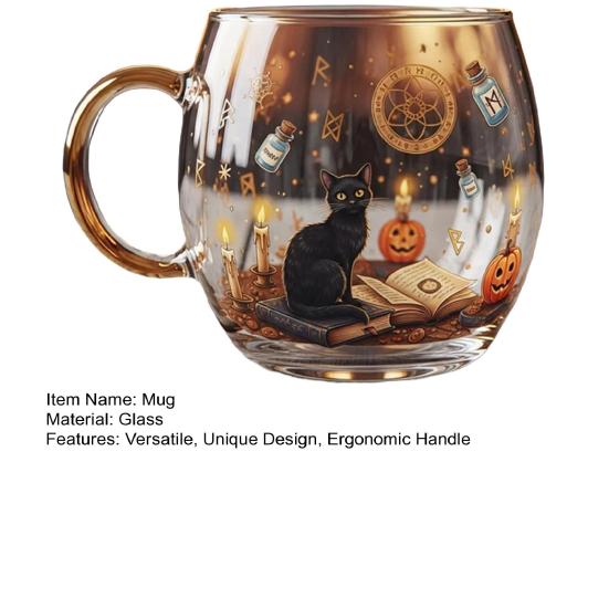 Halloween Painted Glass Mug Spooky Black Cat & Pumpkin Pattern