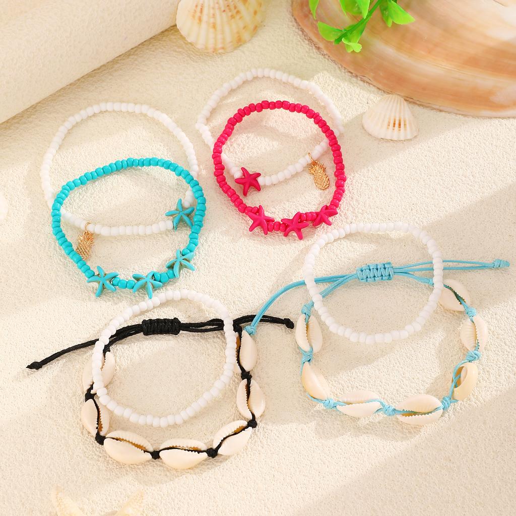 Bohemian Beach Anklet Set, Multi-Layer Beaded & Shell Charm Ankle Bracelets with Starfish, Turtle, Tassel Details