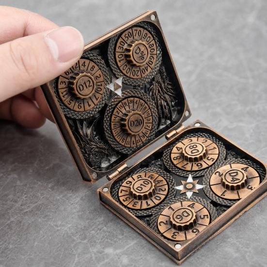 7-in-1 Rotating Dice Box Vintage Magic Spell Book with Dragon Relief Dice