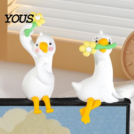 Tiny Duck Collectible Resin Decor for Desk Car Dashboard TV Monitor, Mini Monitor Decoration Figurine, Cute Holding Flower Ornament, Playful
