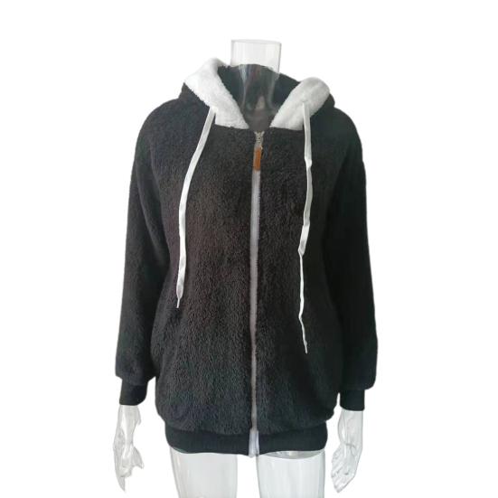 

Зимнее пальто сплошного цвета с капюшоном для женщин свободное плюшевое пальто на молнии для офиса 5XL чёрный