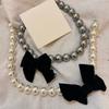 Colar Punk com Pérolas e Contas, com Pingente Larga Laço Preto, Correntes de Pescoço Góticas da Moda para Mulheres