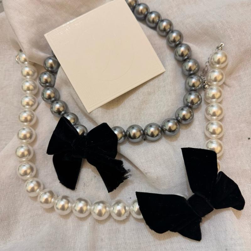 Colar Punk com Pérolas e Contas, com Pingente Larga Laço Preto, Correntes de Pescoço Góticas da Moda para Mulheres