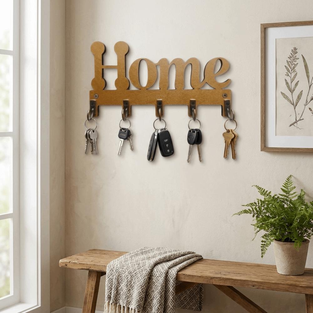 Farmhouse 5-Hook Wooden Key Hook Vintage Multi-functional Key and Accessory Hanger Rustic Key Storage Rack Office