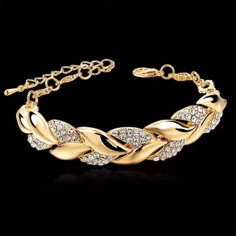 Gold Full Diamond Leaf Women's Bracelet with Extension Chain