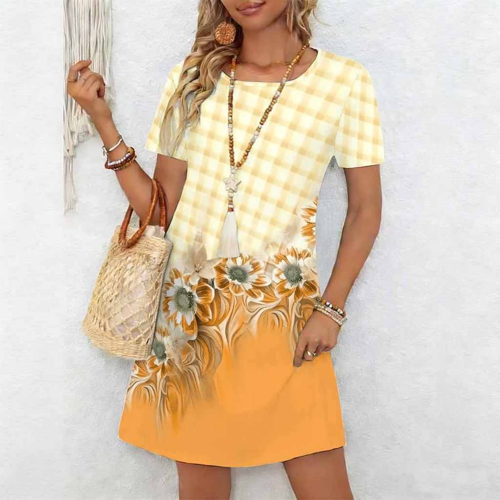 Women's Fashion Graceful Beautiful  Flowers and Lines Print Summer Spring Short Sleeve O-Neck Casual Dresses